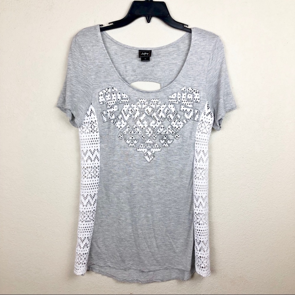 Daytrip Grey White T-Shirt Blouse Rhinestone Lace